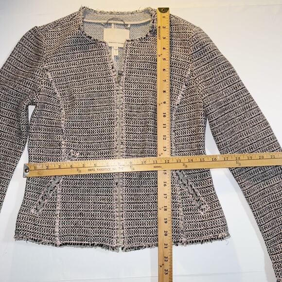 Rebecca Taylor Tweed Jacket Size 4 Zip Front Fringe Trim Pink Workwear Blazer - Picture 9 of 11